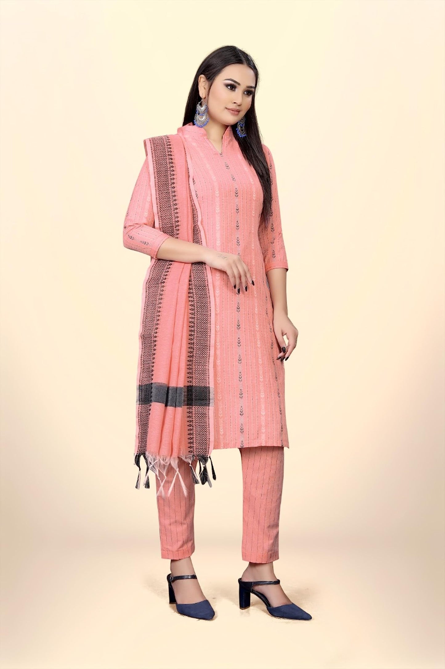 Pandadi Saree Women's Peach Cotton Jacquard Work Unstitched Salwar Suit Dress Material