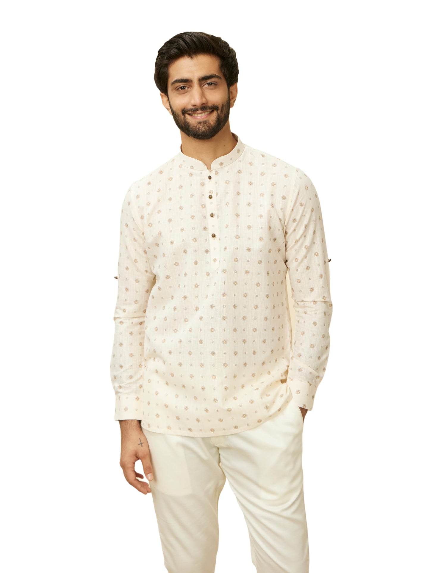 Manyavar Printed Casual Full Sleeves Short Kurta for Men - (Beige, Large)
