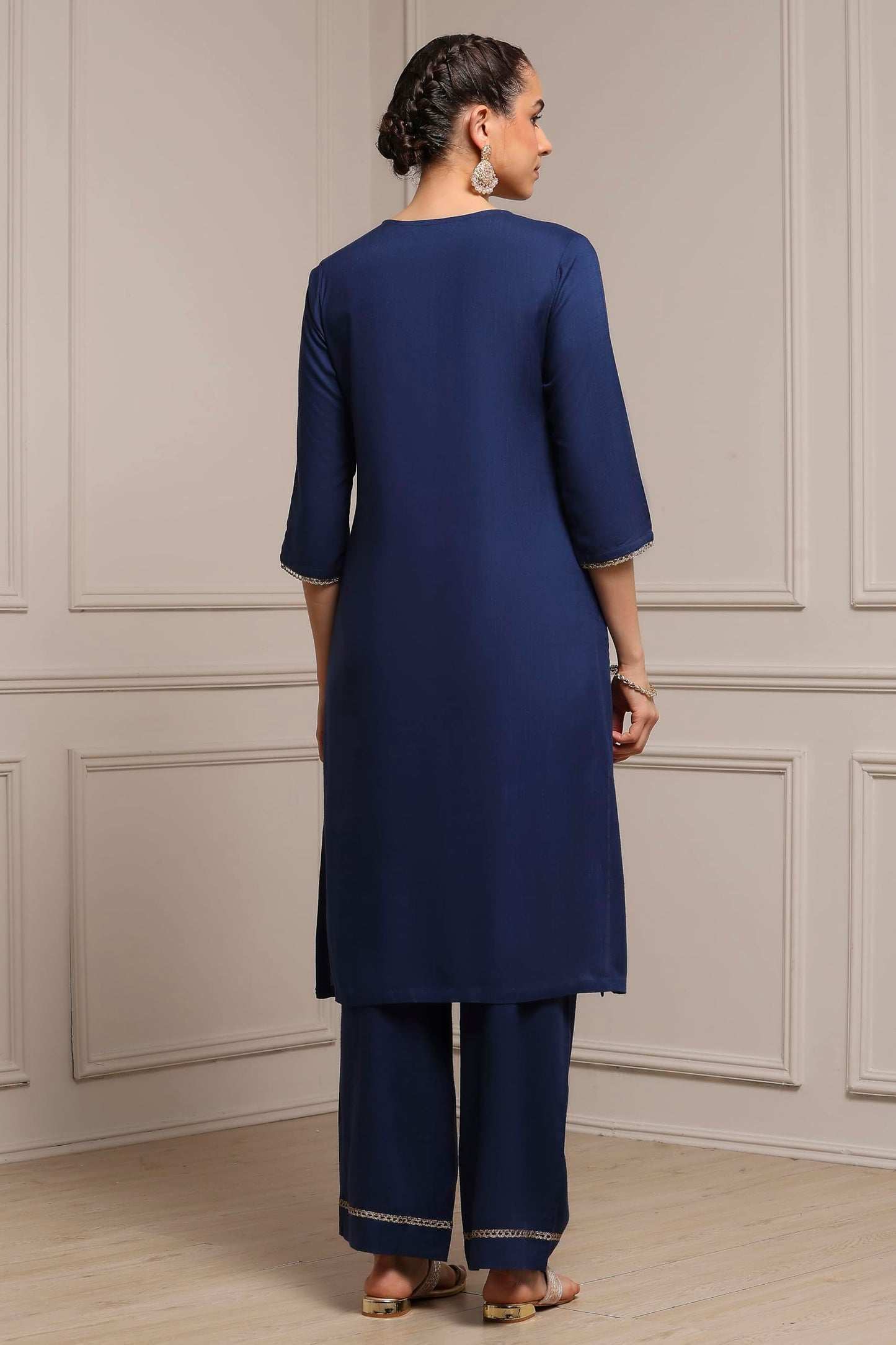 Biba Women Blue Viscose Rayon Straight Solid Suit Set_40