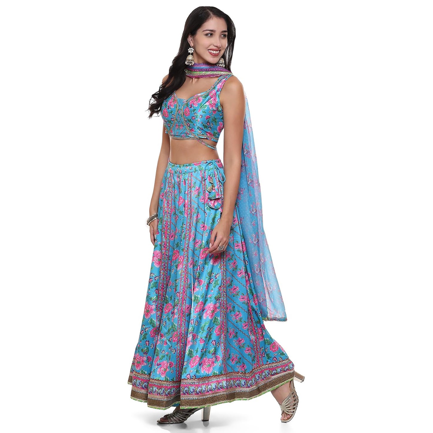 BIBA Womens Polyester Blend Printed Straight Lehenga Set(Skdassorted9040_Turquoise_M) Readymade Turquoise M