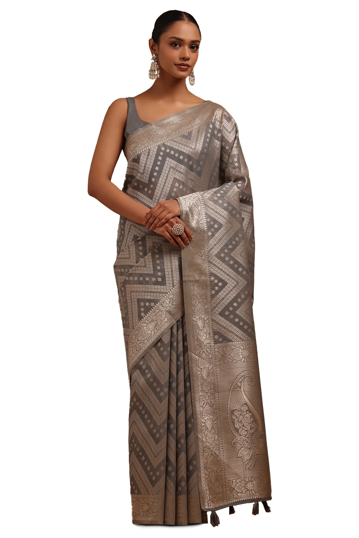 Soch Womens Grey Linen Woven Design Saree