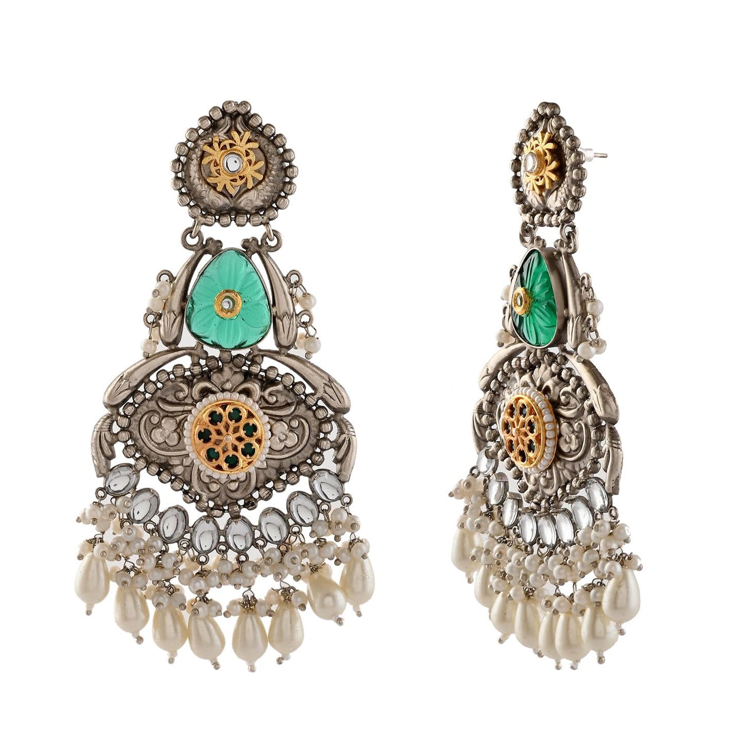Voylla Antique Opulance Elegant Green Long Chandbali Earrings|Danglers Earrings For Women|Festive Earrings|Wedding|Party |Gift For Women|
