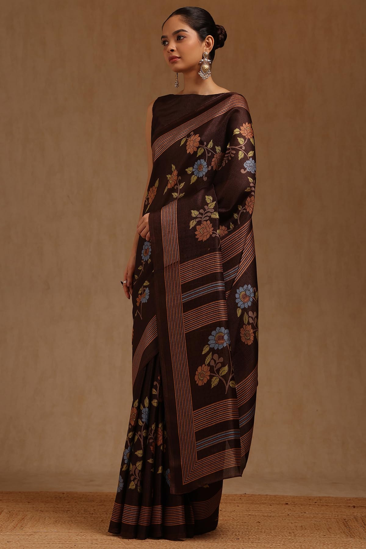 Soch Womens Brown Art Silk Floral Print Saree