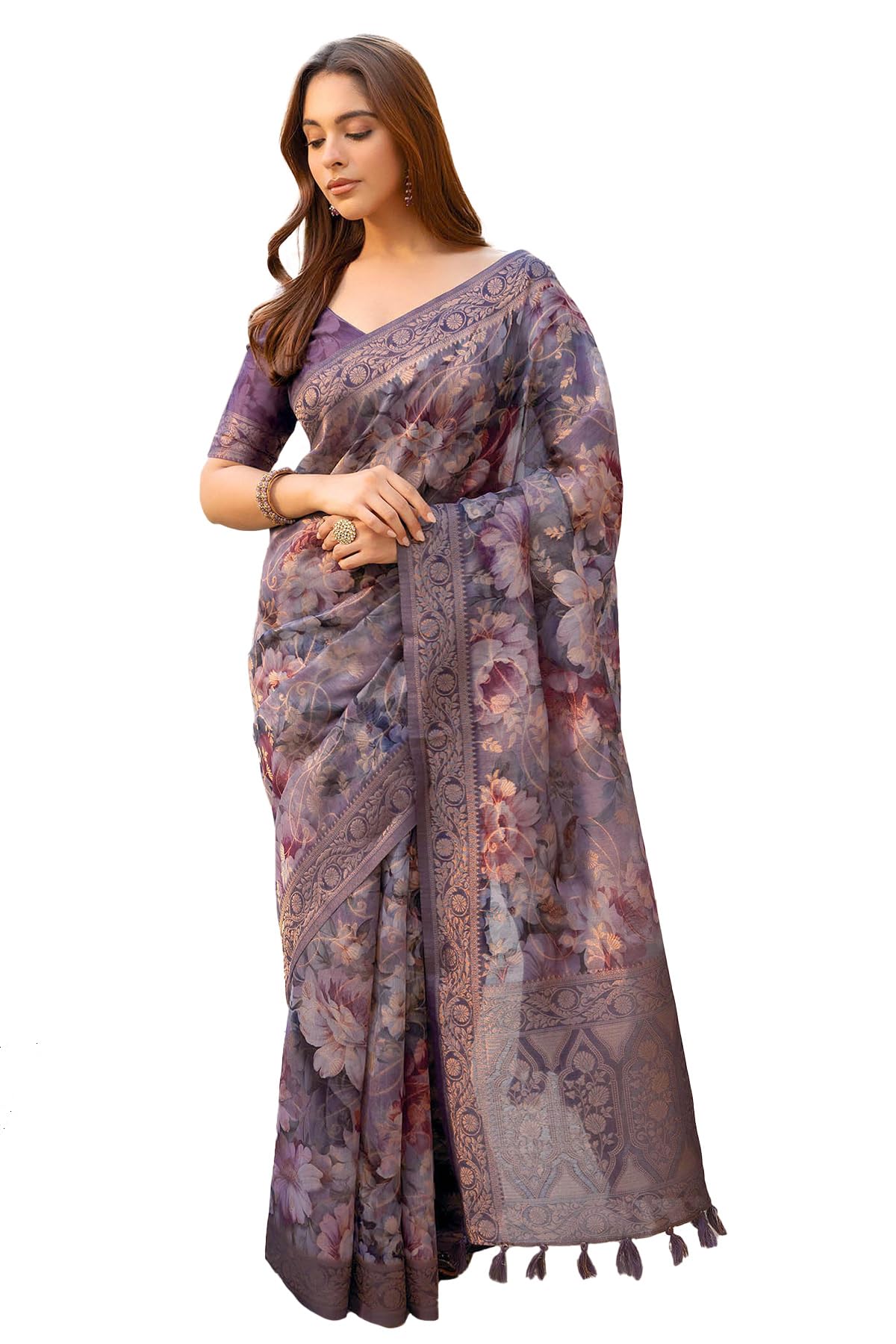 Soch Womens Multicolour Chanderi Floral Print Saree