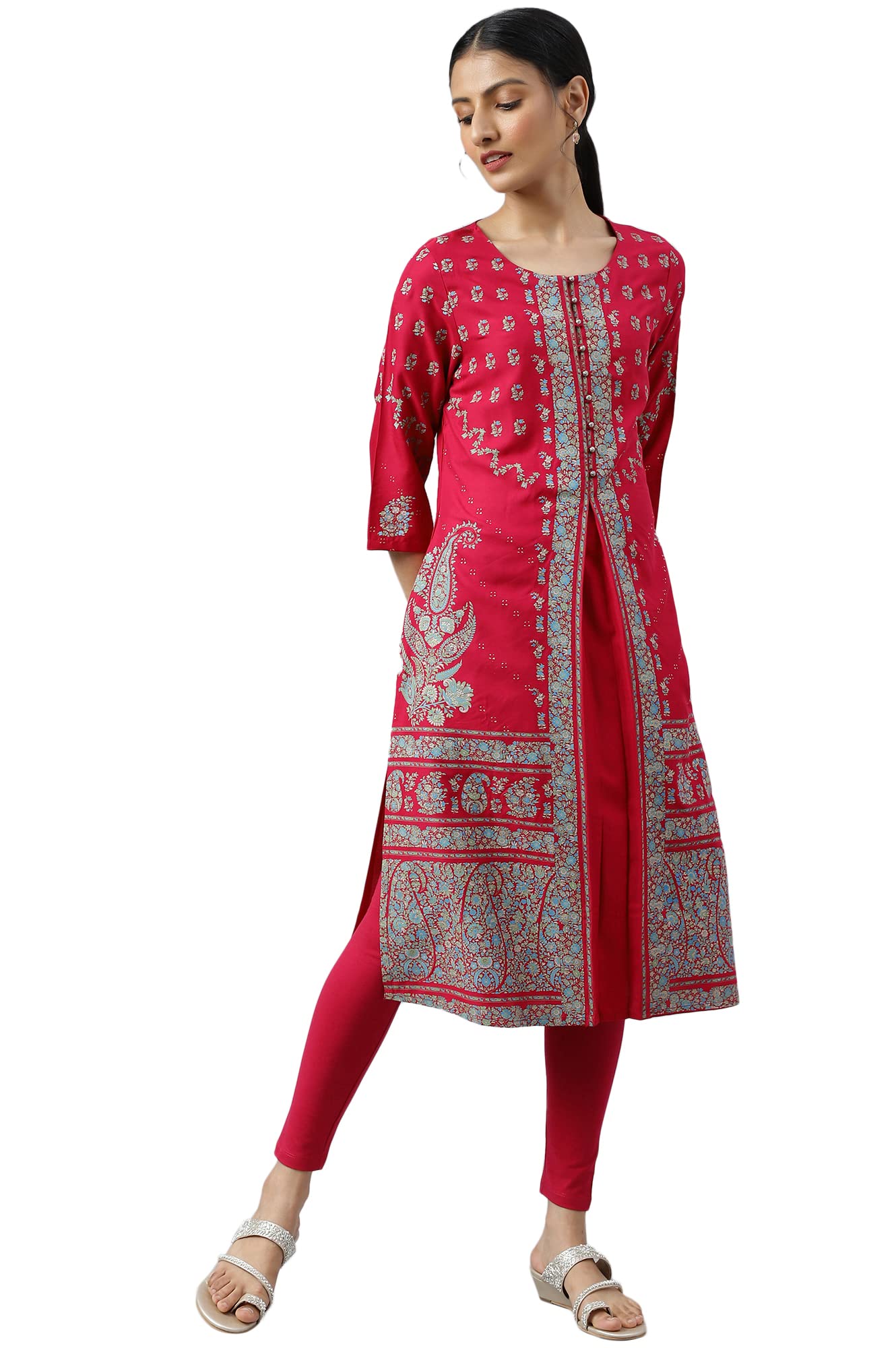 W for Woman Pink Placement Print Rayon Kurta