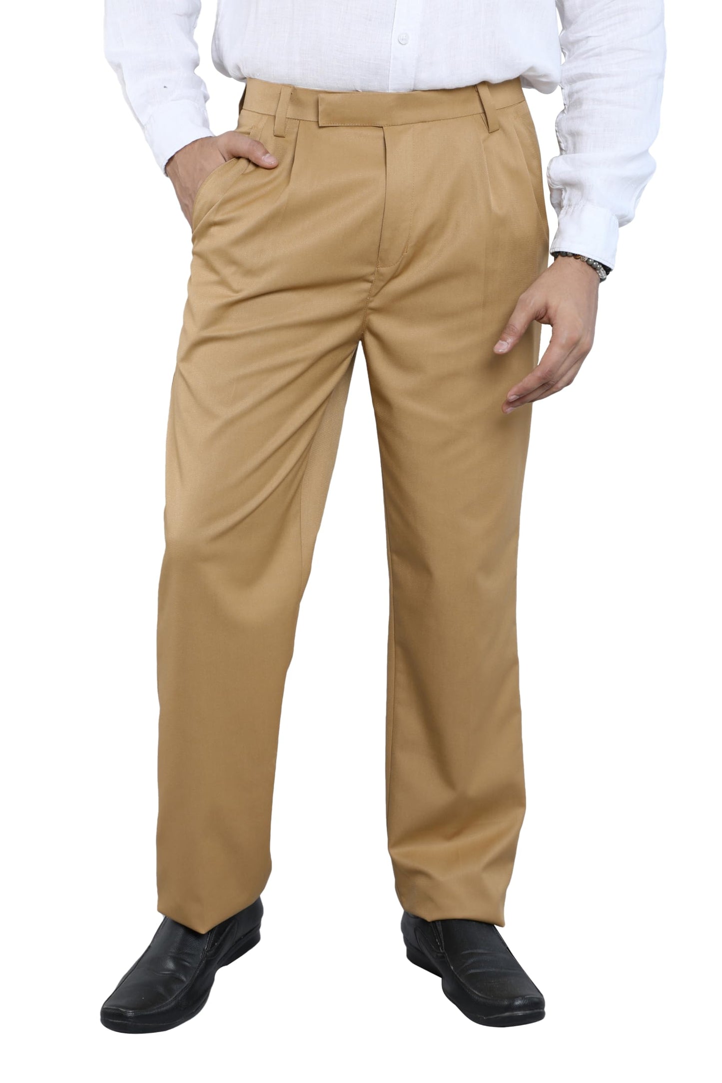 Particle Men’s Premium Double Pleated Trousers – Regular Fit – Structured Cotton Rich Gabardine Twill – Waist 32-46 – Formal Office Wear, Camel, 42