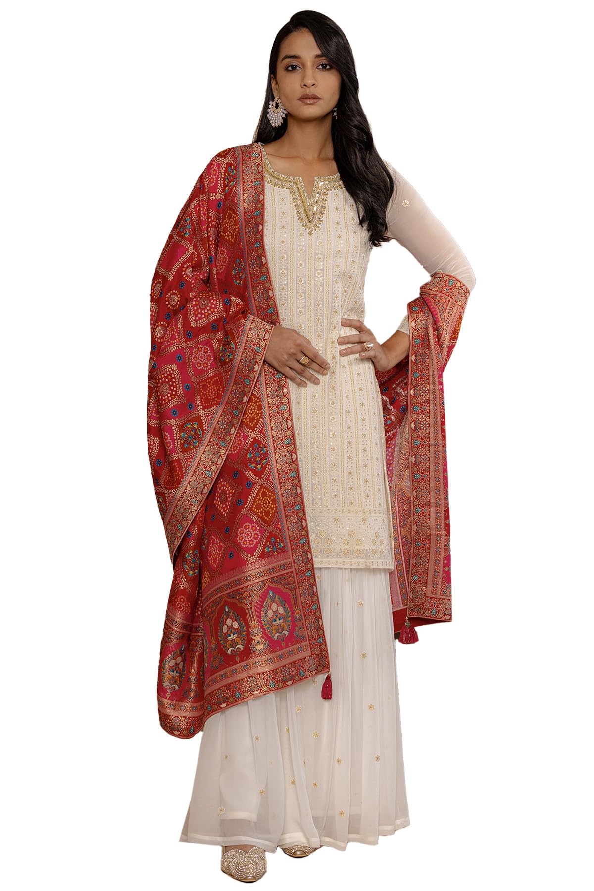 Soch Womens Off White Georgette Embroidered Suit Set With Beads And With Stones