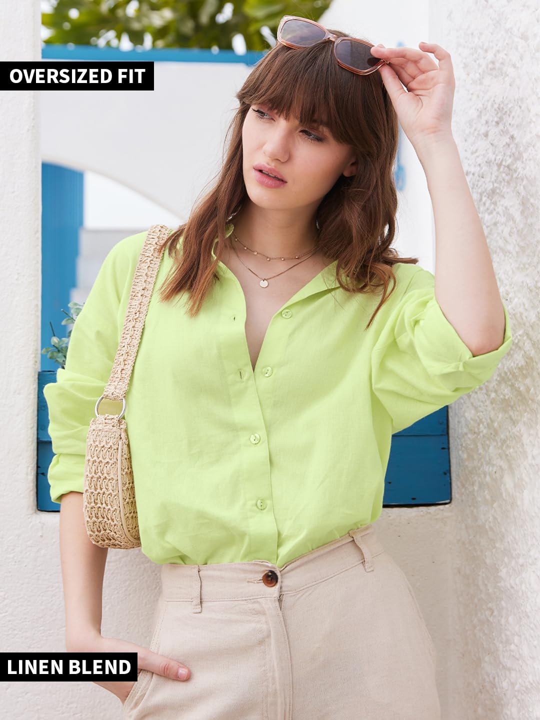 The Souled Store Solids: Lime Women and Girls Loose fit Full Sleeve Cotton and Linen Yellow Color Women Boyfriend Shirts