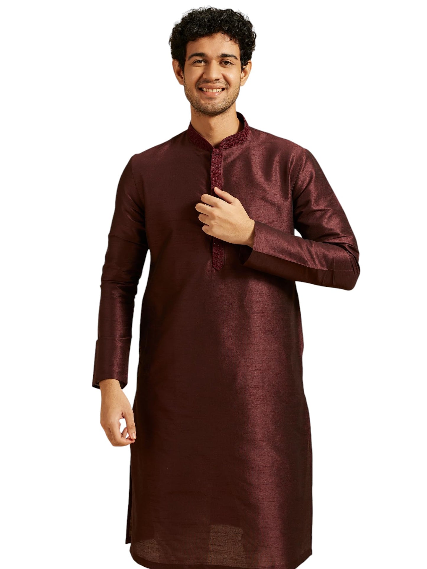 DIWAS BY MANYAVAR Men's Art Silk Solid Kurta (Wine,L)