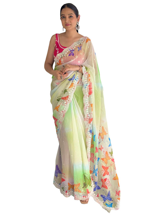 AKHILAM Women's Light Green Georgette Sequins Embellished Saree with Unstitched Blouse Piece (KESARI5506_KR)