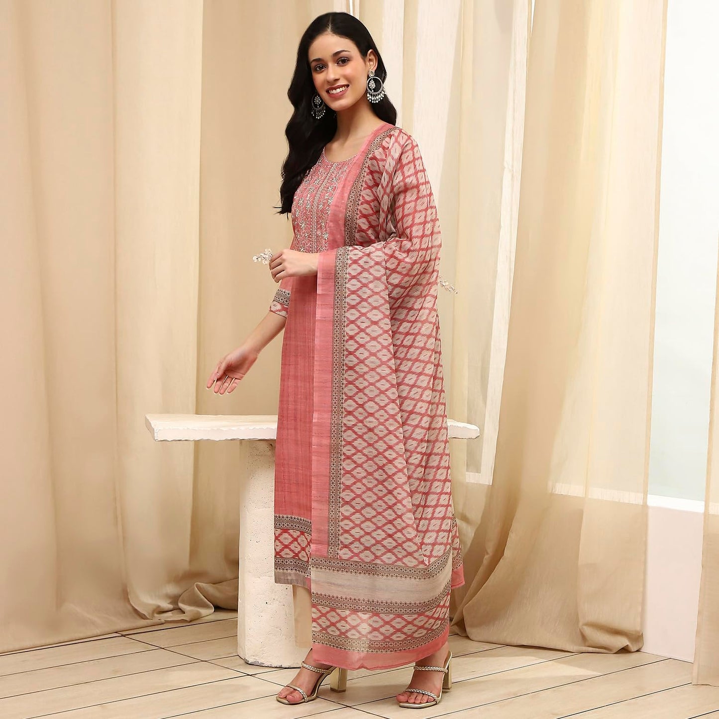 BIBA Women Peach Cotton Machine Embroidered Unstitched Suit Set_FREE SIZE