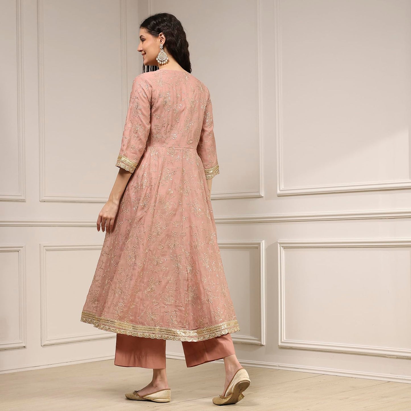Biba Women's Old Rose Chanderi Anarkali Dyed Fusion Set