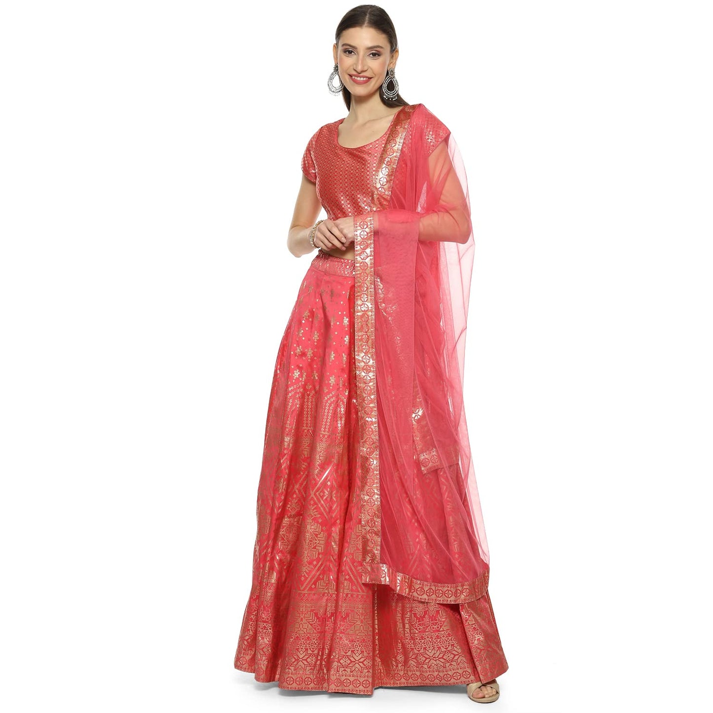 BIBA Women's Coral Pink Cotton Blend Readymade Lehenga Choli Set Medium