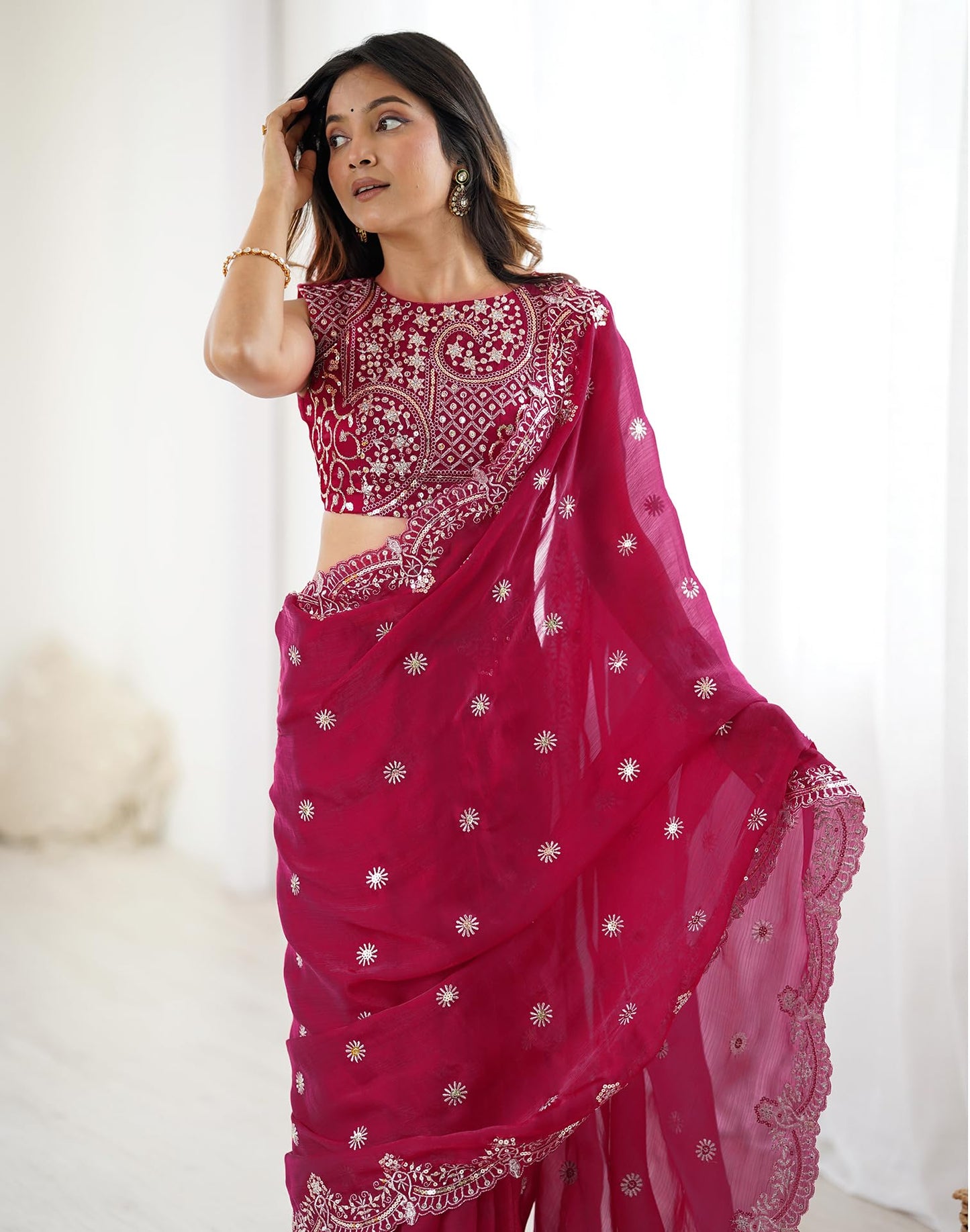 SIRIL Women's Chiffon Dual Tone Sequins Embroidery Saree with Unstitched Blouse Piece (4856S153A_Rani Pink)