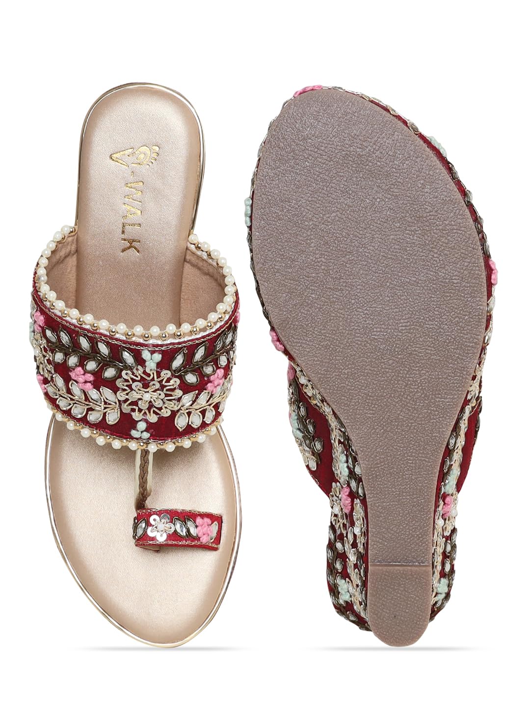 V-WALK Women's Slip-Ons Floral Embroidered Ethnic Wedge Heel Bridal Sandals | Wedding, Ethnic, Festive Occasions Bridal Heels for Women | Heel Height: 3 Inches | Maroon