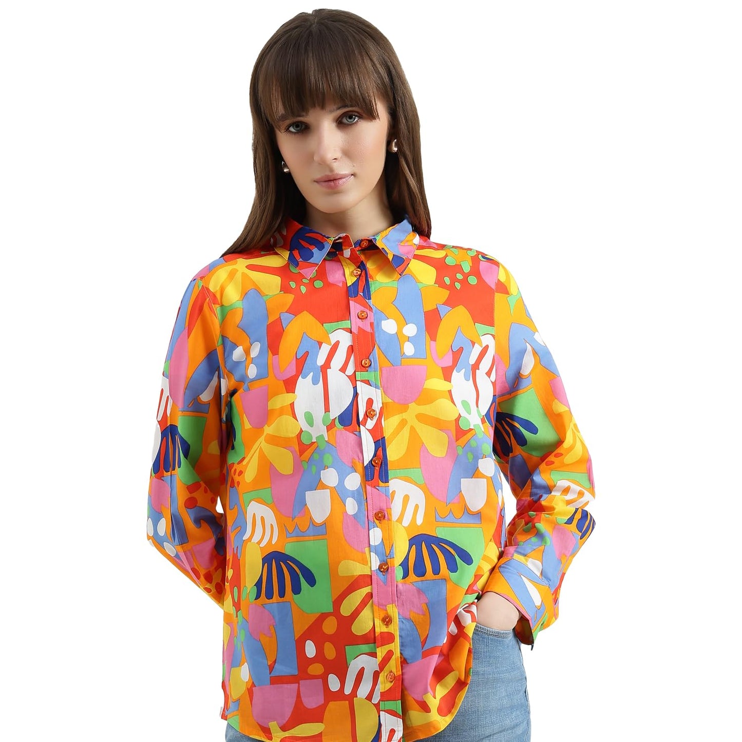 United Colors of Benetton Regular Fit Spread Collar Printed Shirt (Size : EL) - 26P5OA95Q8U5G901 Orange