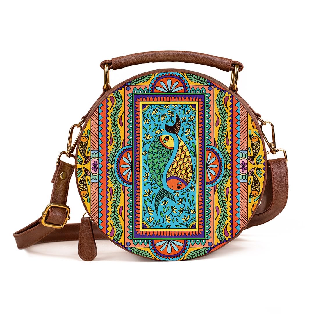 Kalankit Round Women Sling Bag | Stylish Pure Vegan Leather Crossbody Bag for Girls and Ladies | Detachable Shoulder Strap & Zipper Flap Bag | Multicolor