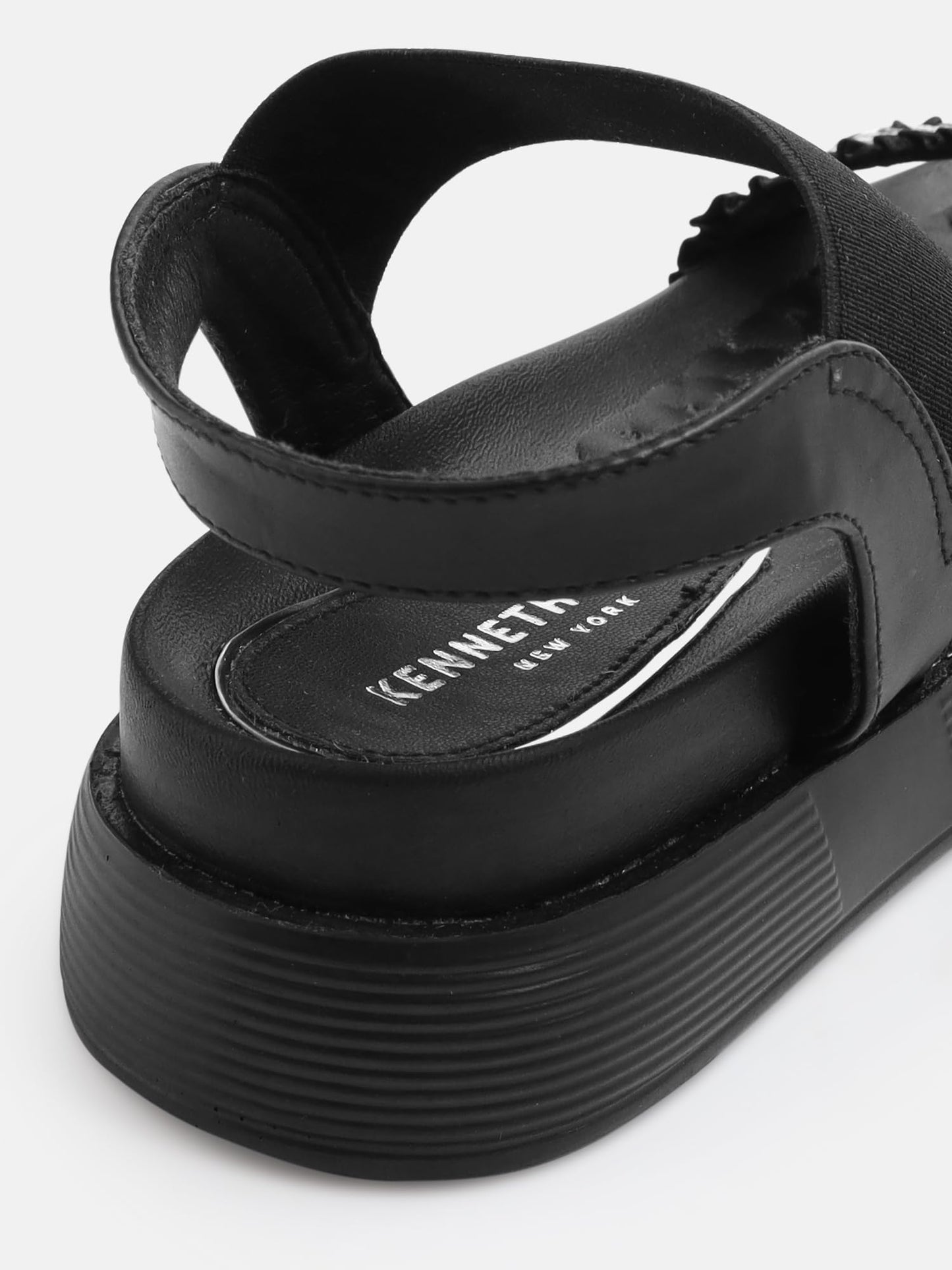 KENNETH COLE Women's Flatform Sandal | Premium Synthetic Upper | Ladies Open-Toe, Slingback Design, Cushioned Footbed | Beaded-Embellished Strap, Ruffled Edges | Black