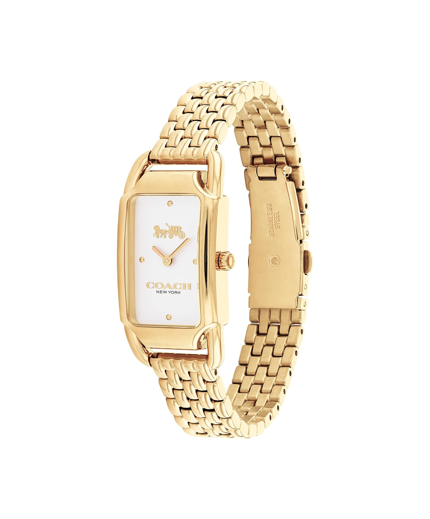 Coach Cadie Qtz Basic Slim Silver White Rectangle Dial Women's Watch|Ionic Plated Thin Gold Steel Material|Gold Color Band - 14504042