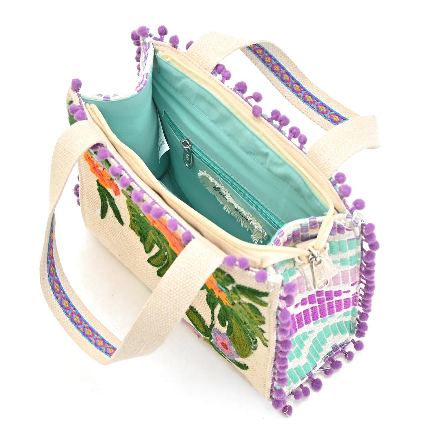 Boho Girl Lavender Blooms Embellished Jacquard Mini Tote for Women with Adjustable Strap | Ladies Purse Handbag | Wedding Gifts for Women | Birthday Gifts for Women | Handbag with Zip(BGB23-050)