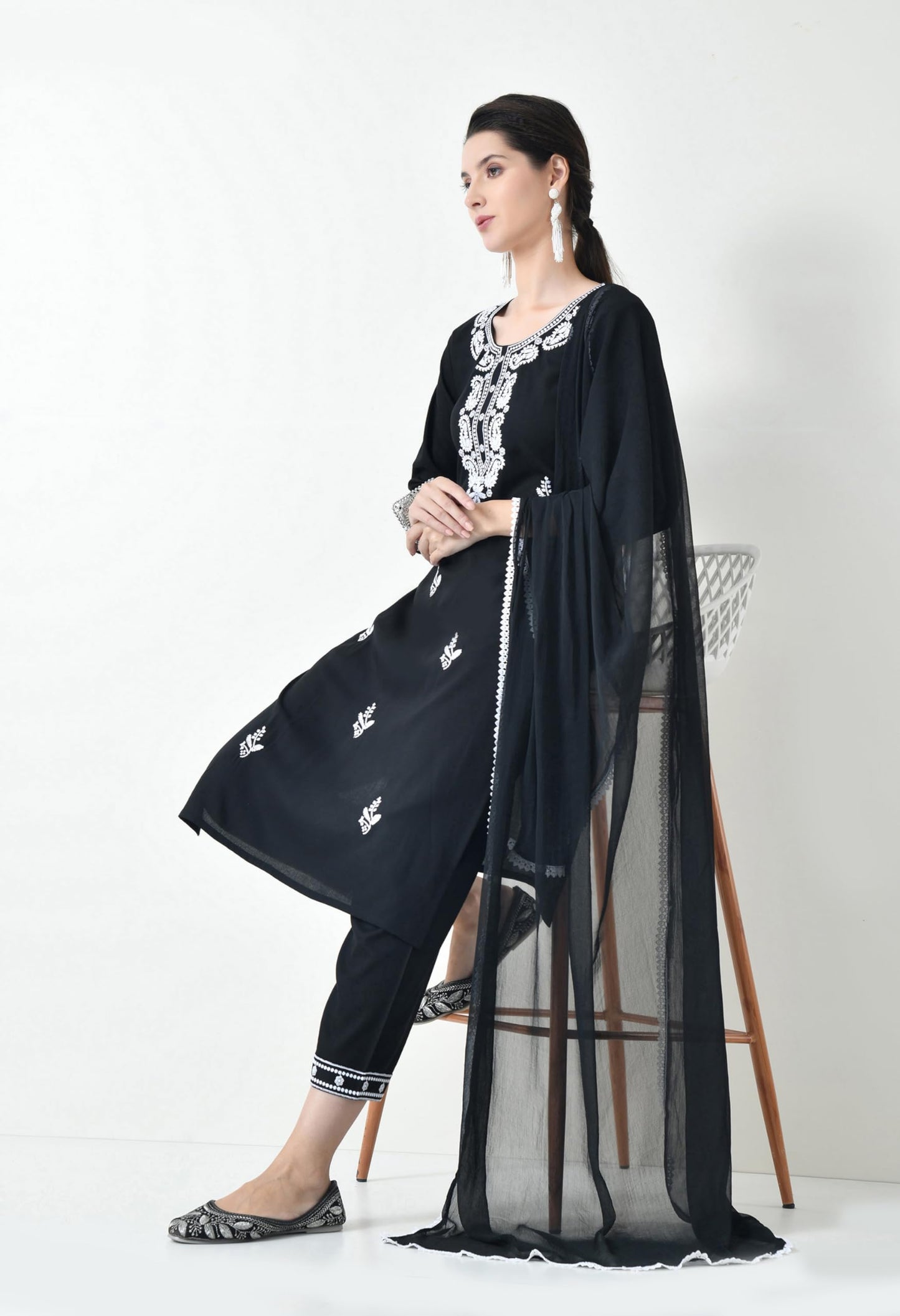 LIBOZA Chikankari Kurta Set for Women, Royon Cotton Straight Design Salwar Suit for Wedding, Diwali & Festival Kurti Pant With Dupatta, Suits Sets for Girls (IN, Alpha, L, Regular, BLACK)