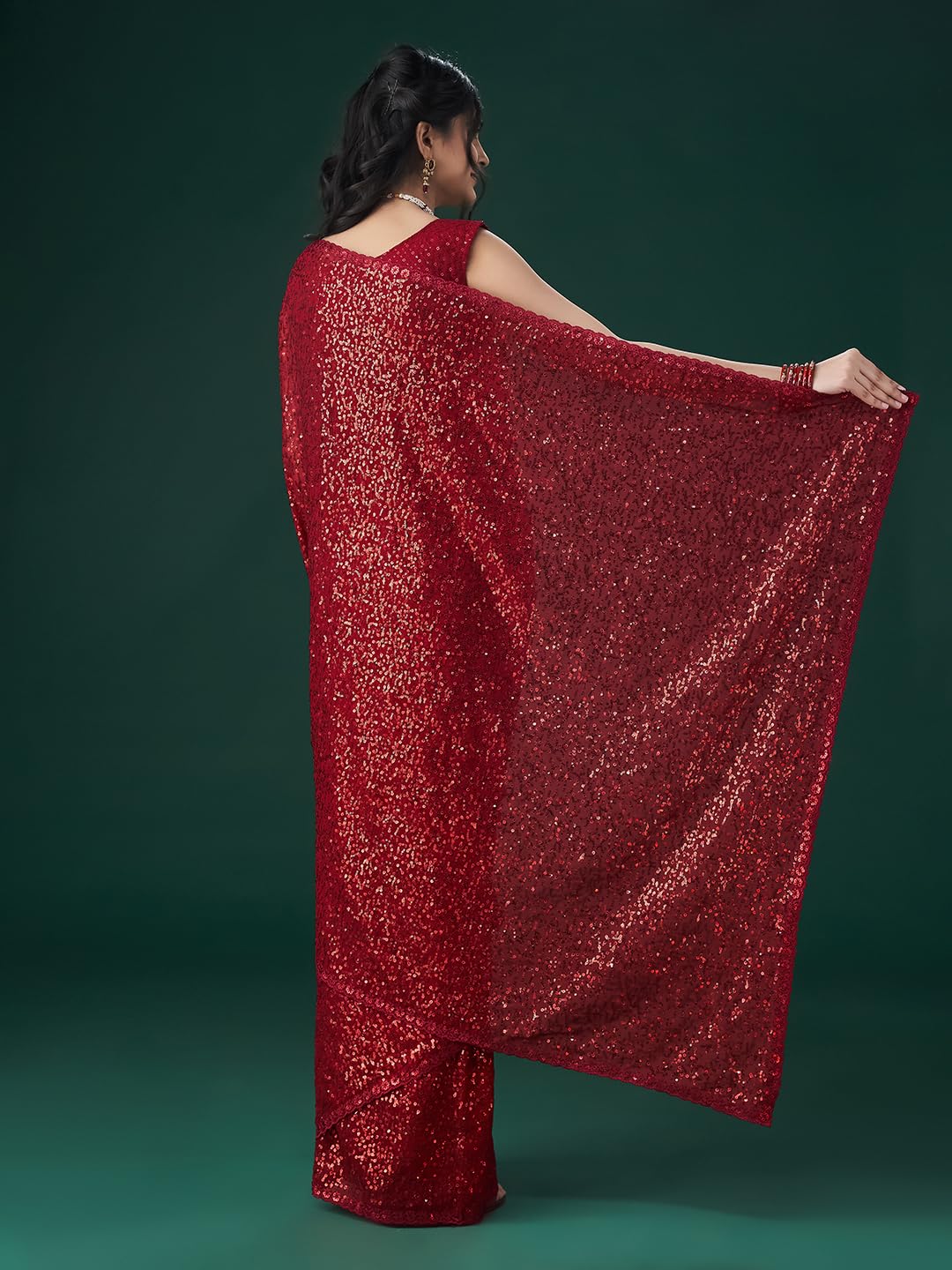 Kasee Women Embellished Sequinned Saree with Blouse Piece (Cherry)