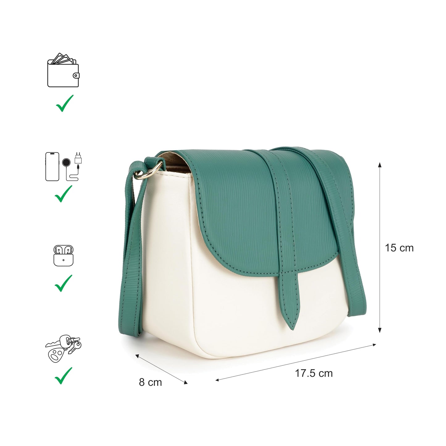 Fastrack RufflePlay green Sling | Faux-Leather Women’s Handbag | Textured Flap Sling with Button Closure & Adjustable Strap