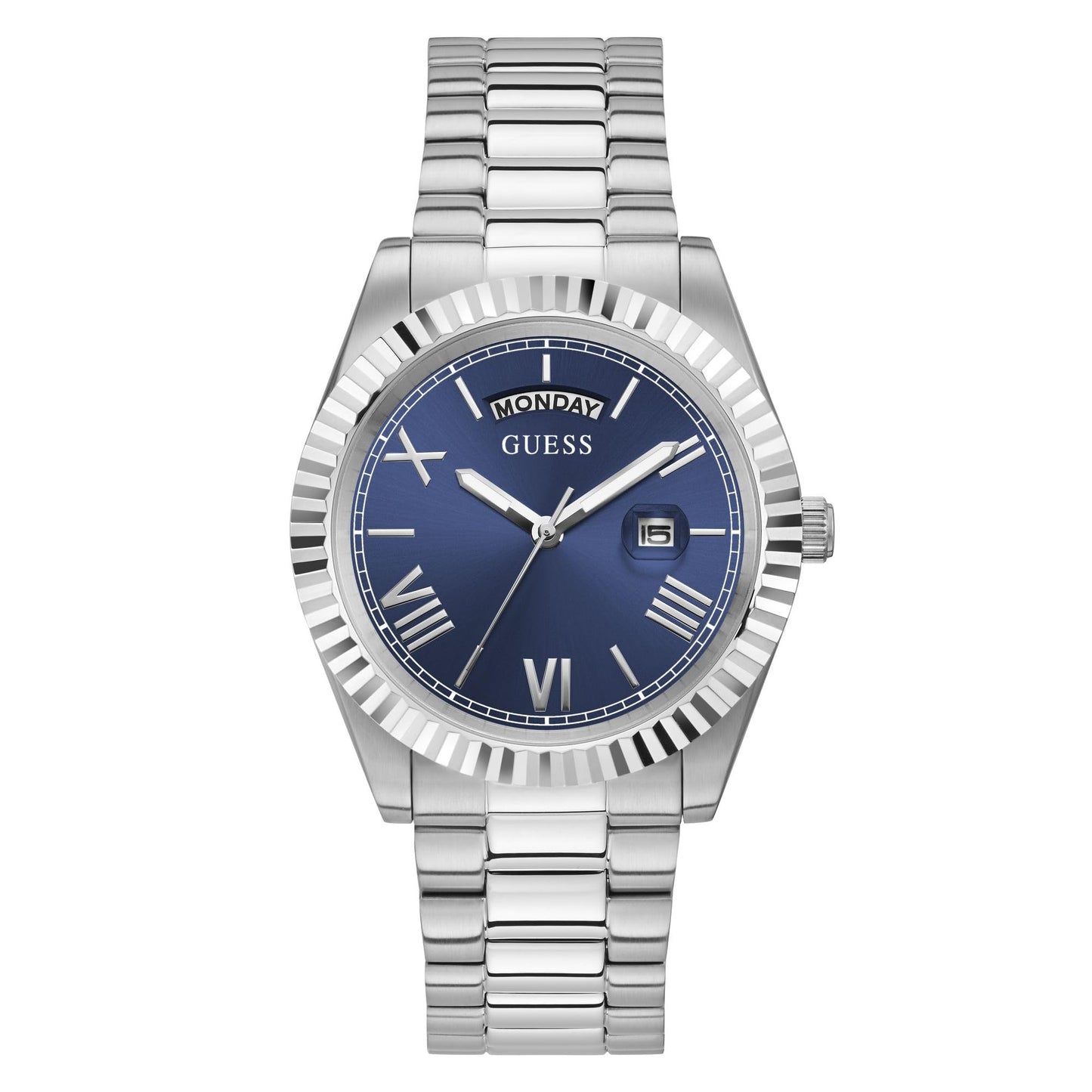 GUESS Stainless Steel Analog Blue Dial Men Watch-Gw0265G7, Silver Band