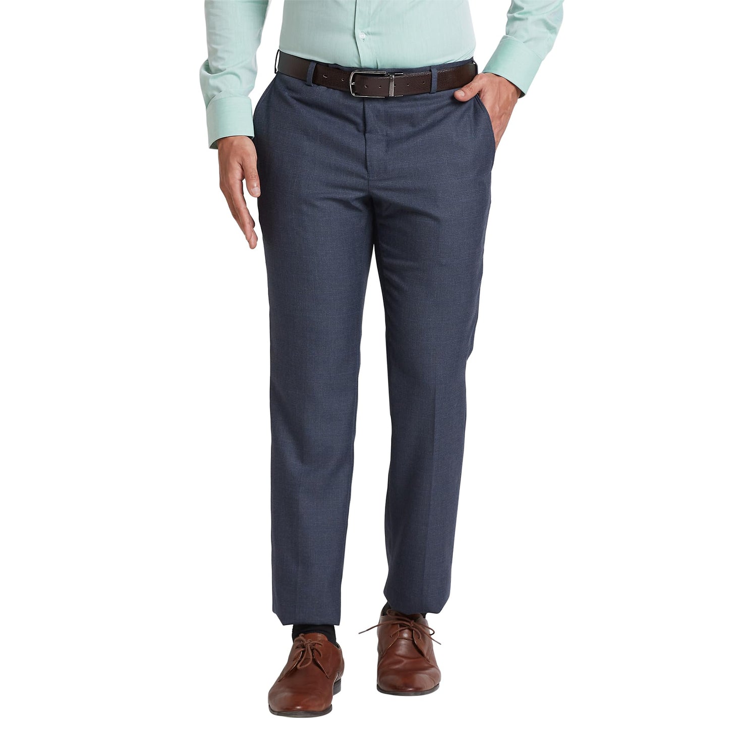 Park Avenue Men's Smart Fit Formal Trousers, Poly-Viscose Blend Check Pattern, Mid Rise, Performance Executive Wear | Medium Blue