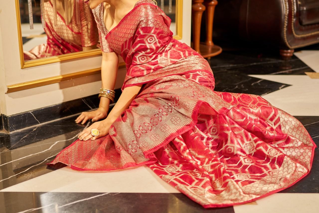MADHUHANSH Womens Organza Plain Saree with Patola Printed Solid Pattern 6 Yard Length and Unstitched Blouse Piece