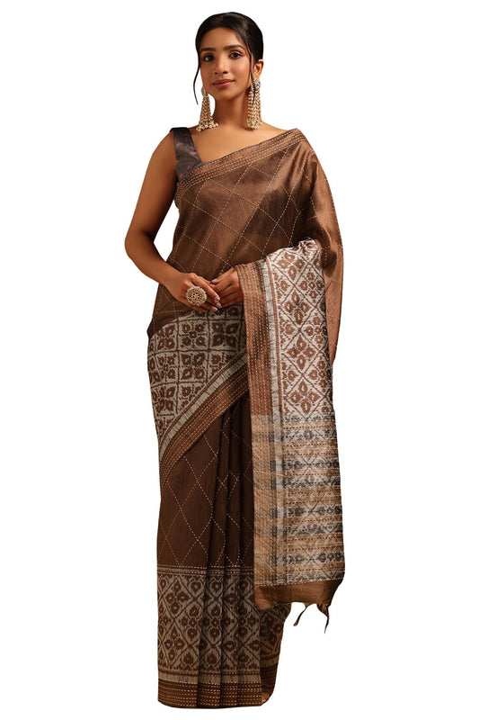 Soch Womens Brown Tussar Geometric Saree With Kantha Embroidery