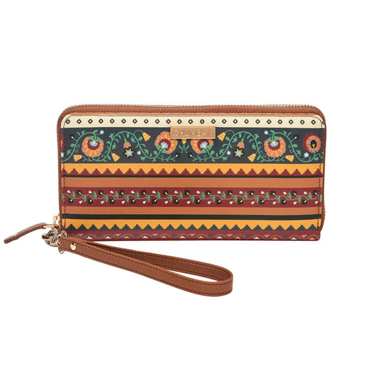 Chumbak Women’s Wallet – Jaipur Nomad Collection, Tan Floral PU Leather Compact Wallet with Zipper Closure, Lightweight Travel Purse for Women