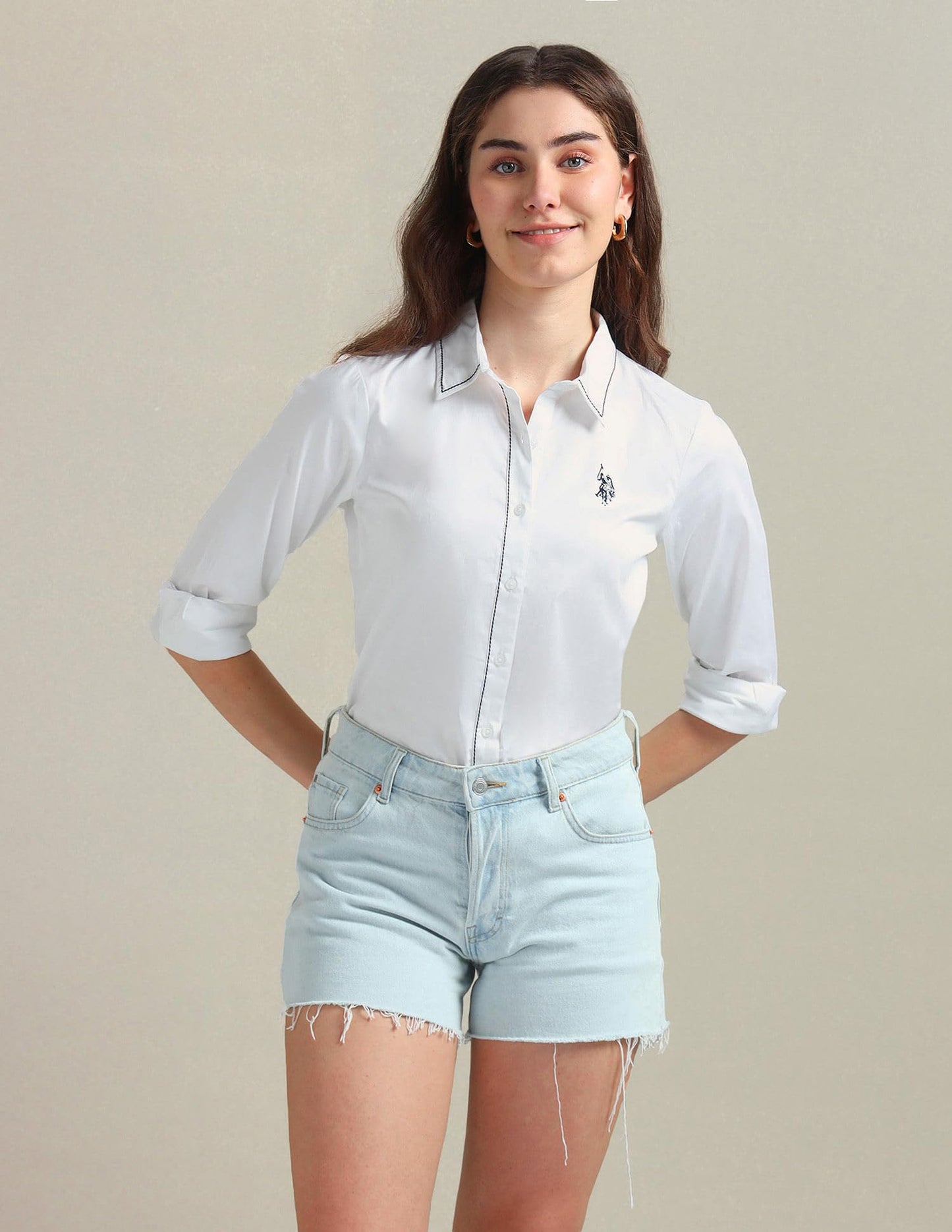 U.S. POLO ASSN. Women Cotton Regular Fit Contrast Saddle Stitch Shirt (UWSS24SH136_White_M)