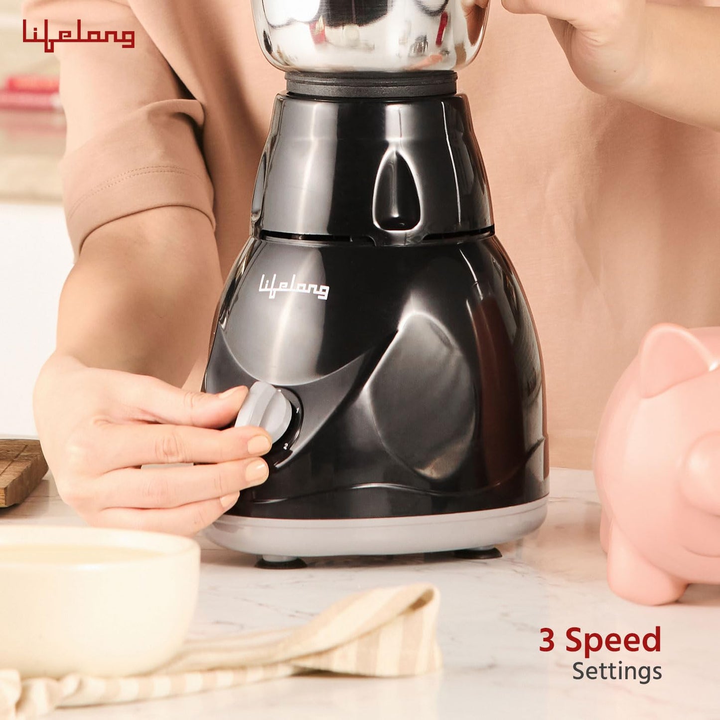Lifelong LLMG23 Power Pro 500-Watt Mixer Grinder with 3 Jars (Liquidizing, Wet Grinding and Chutney Jar), Stainless Steel blades, 1 Year Warranty (Black)