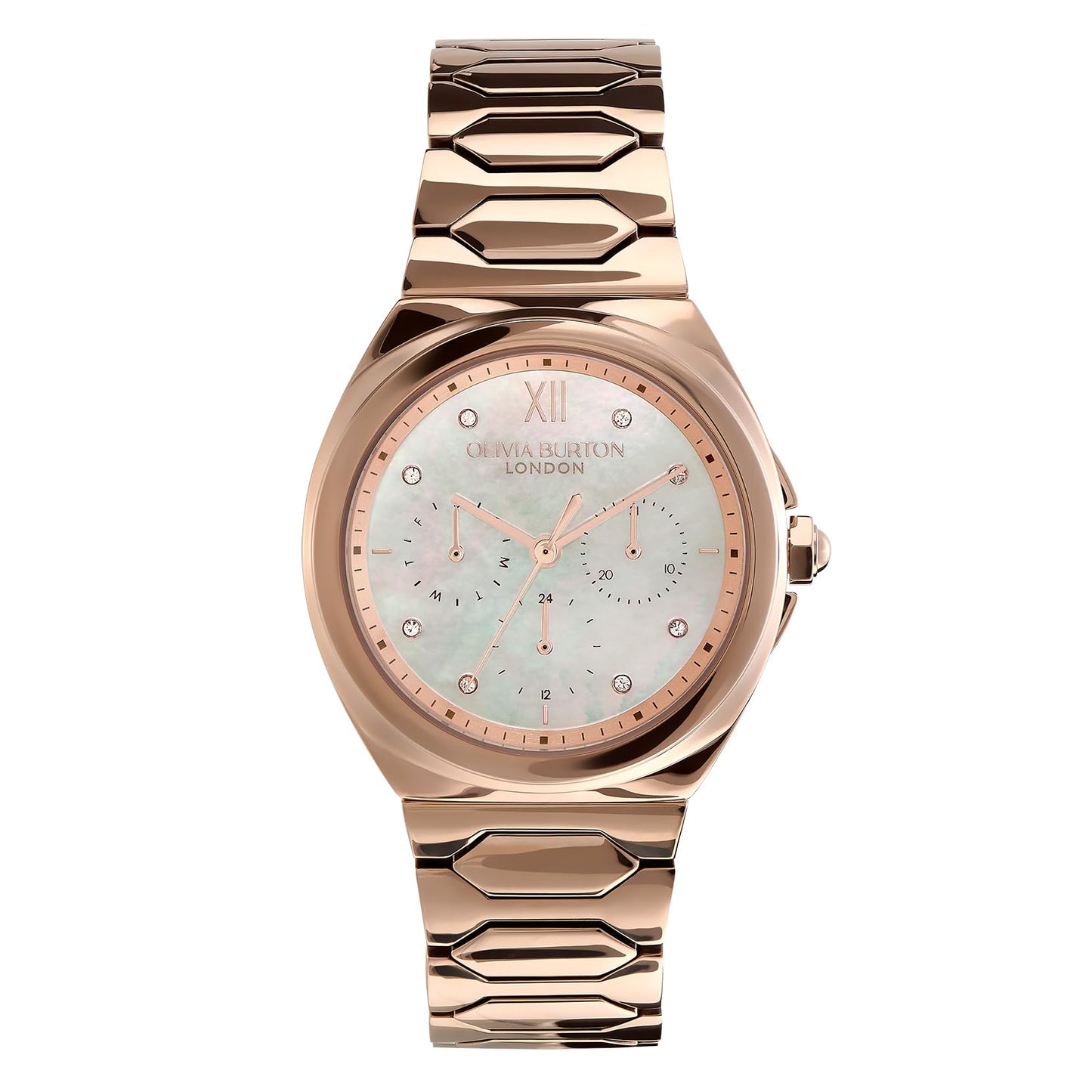 Olivia Burton Lustre Qtz Multifunction White Mother of Pearl Cushion Dial Women's Watch|Ionic Plated Rose Gold Steel Material|Rose Gold Color Band - 24000151