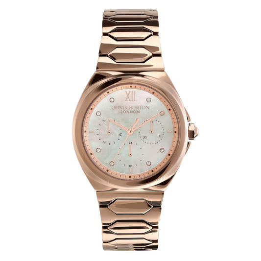 Olivia Burton Lustre Qtz Multifunction White Mother of Pearl Cushion Dial Women's Watch|Ionic Plated Rose Gold Steel Material|Rose Gold Color Band - 24000151
