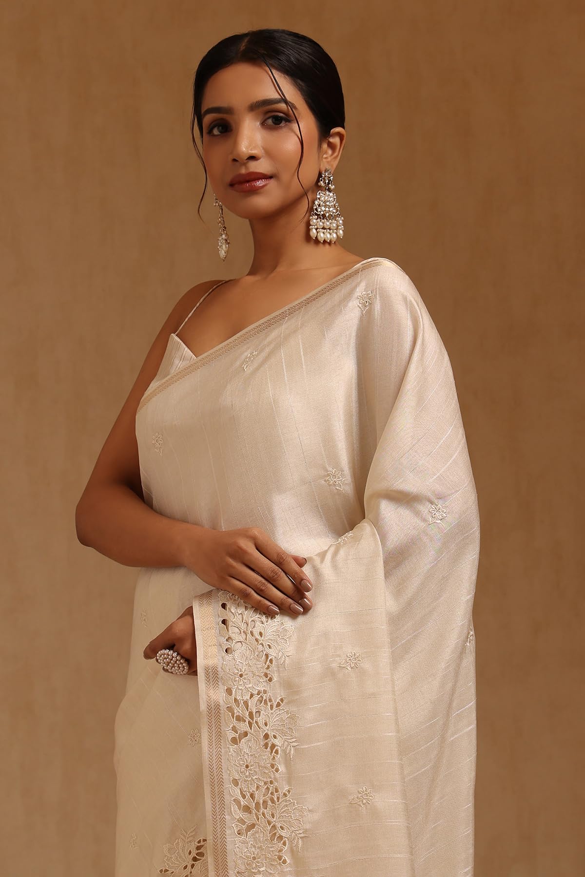 Soch Womens Cream Tussar Hand Embroidered Saree