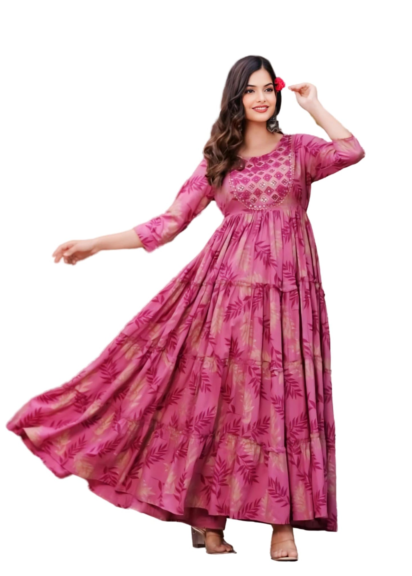 Women's Rayon Printed Anarkali Kurti | Festive Green & Pink Flared Long Dress &Frock (in, Alpha, 3XL, Regular, Pink)