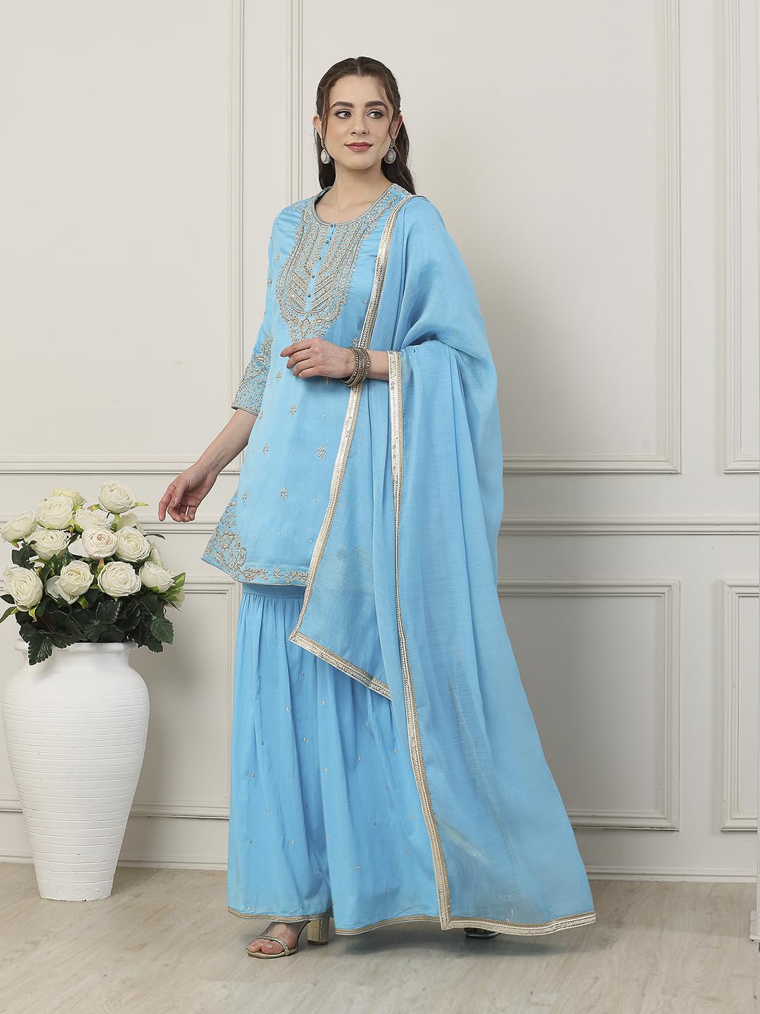 Biba Women Turquoise Silk Chanderi Straight Suit Set_36