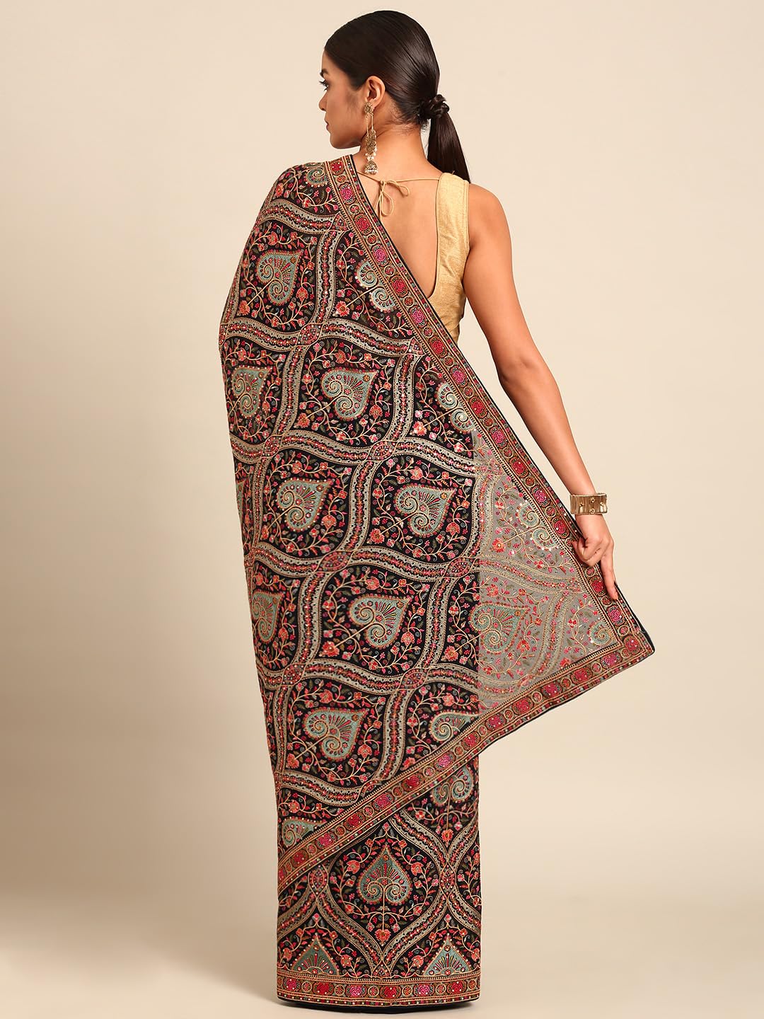 MOHEY Women's Blue Georgette Embroidery|Stone Work Saree with Blouse Piece