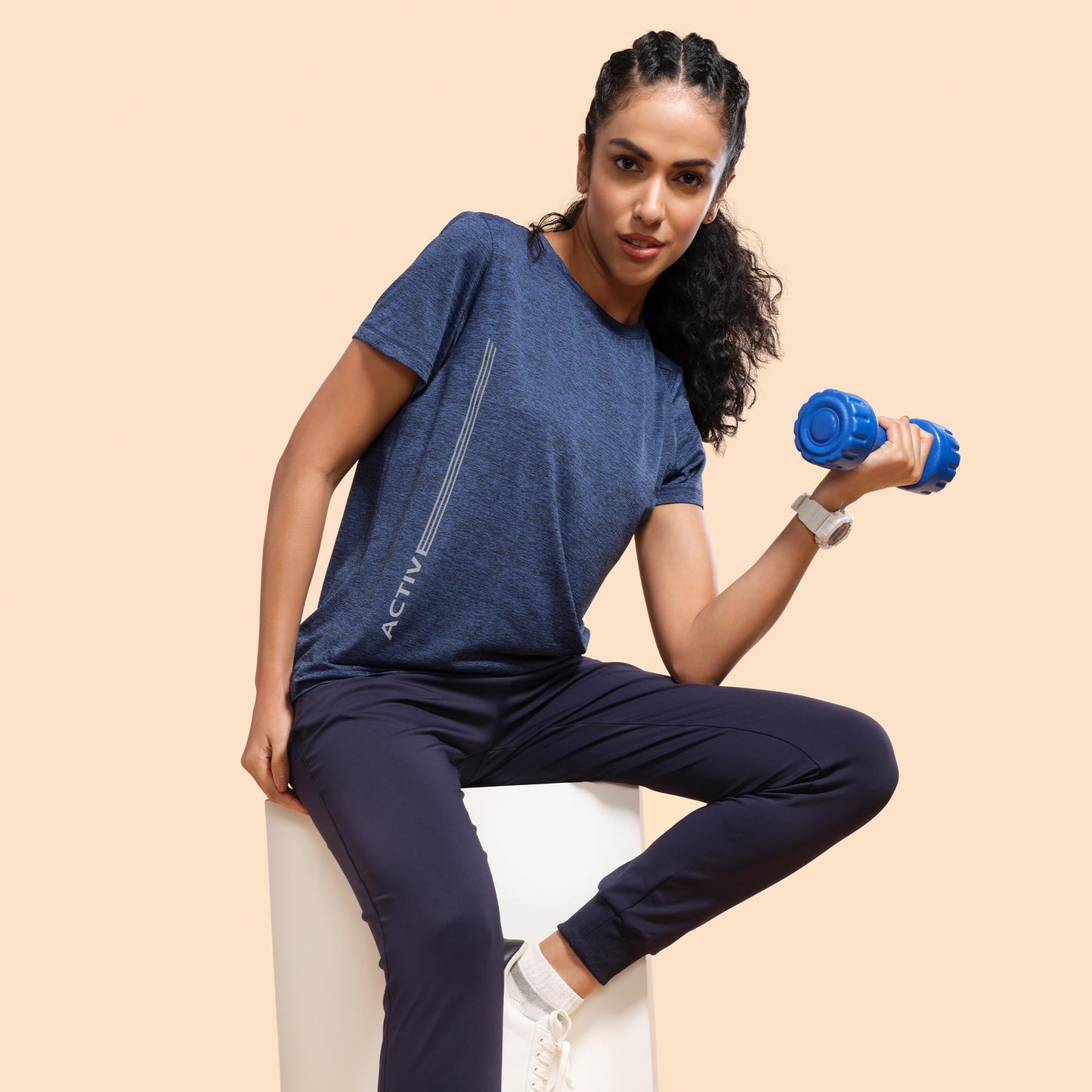 Enamor Women's Polyester Letter Print Relaxed Fit T-Shirt (A309_Navy Melange-Active Reflective, Large