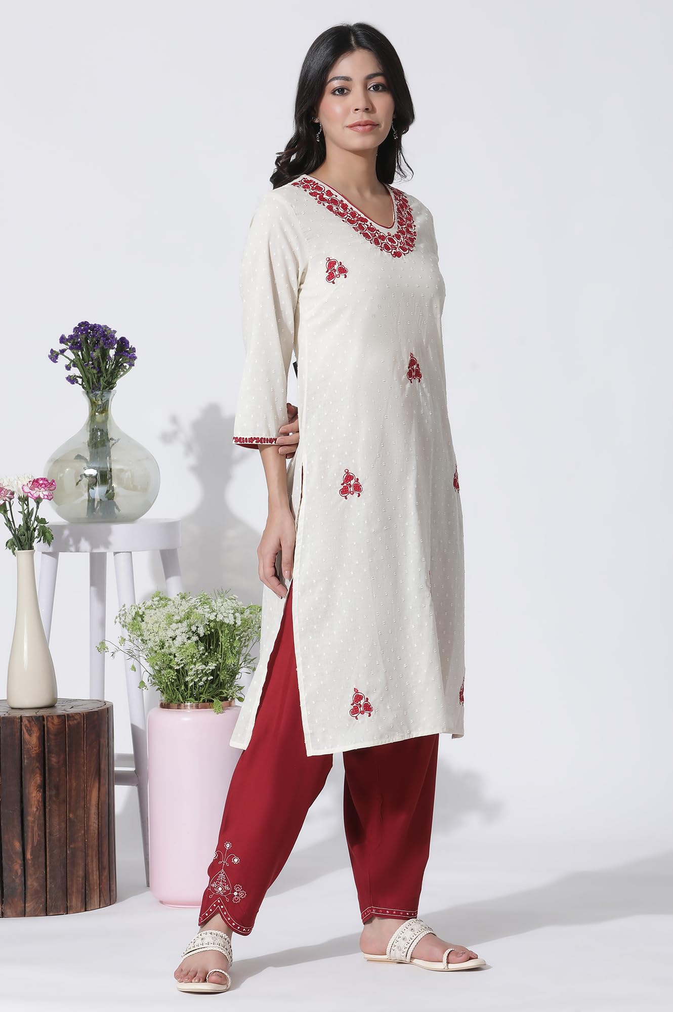 W for Woman White Embroidered Cotton Kurta, Salwar with Dupatta Set_24ONWS10609-221335_M