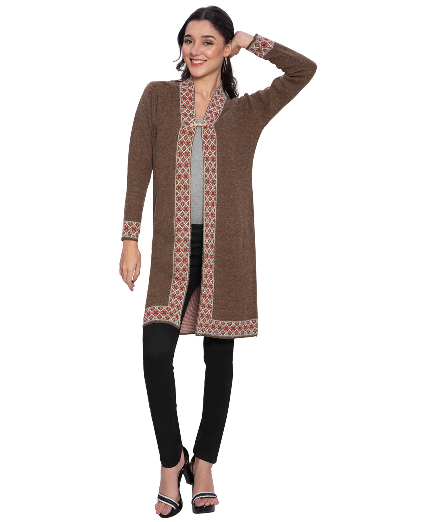 Women Woolen Log Sweater || Long Shrugs || Printed Woollen Coat || Open Front Longline Shrug Cardigan (IN, Alpha, XL, Border Brown)