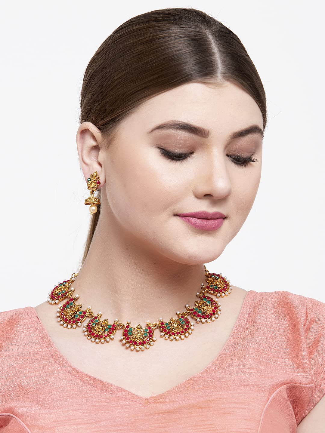 Shining Diva Fashion Latest Temple Design Necklace Set for Women Traditional Choker Gold Plated Jewellery Set for Women (Multicolor) (10653s)