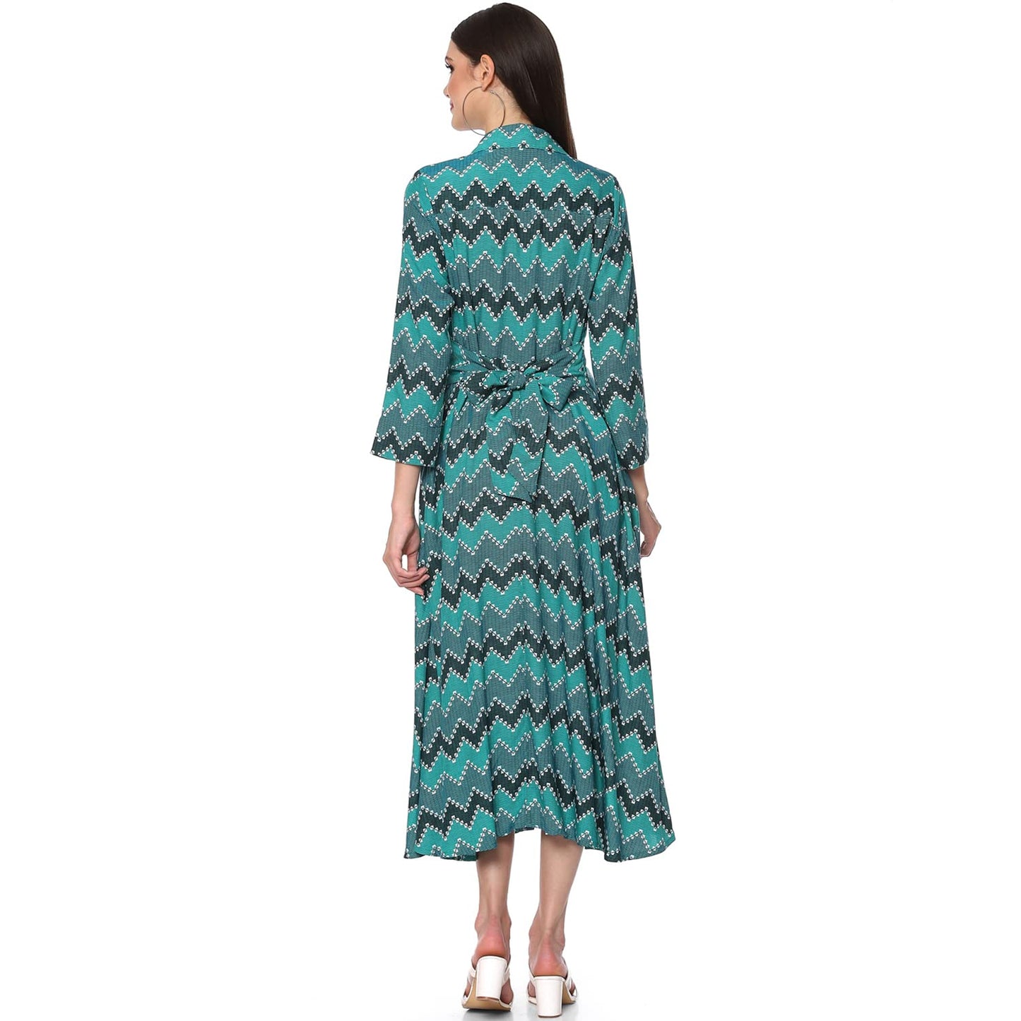 BIBA Women's Green Turquoise Rayon A-Line Printed Dress