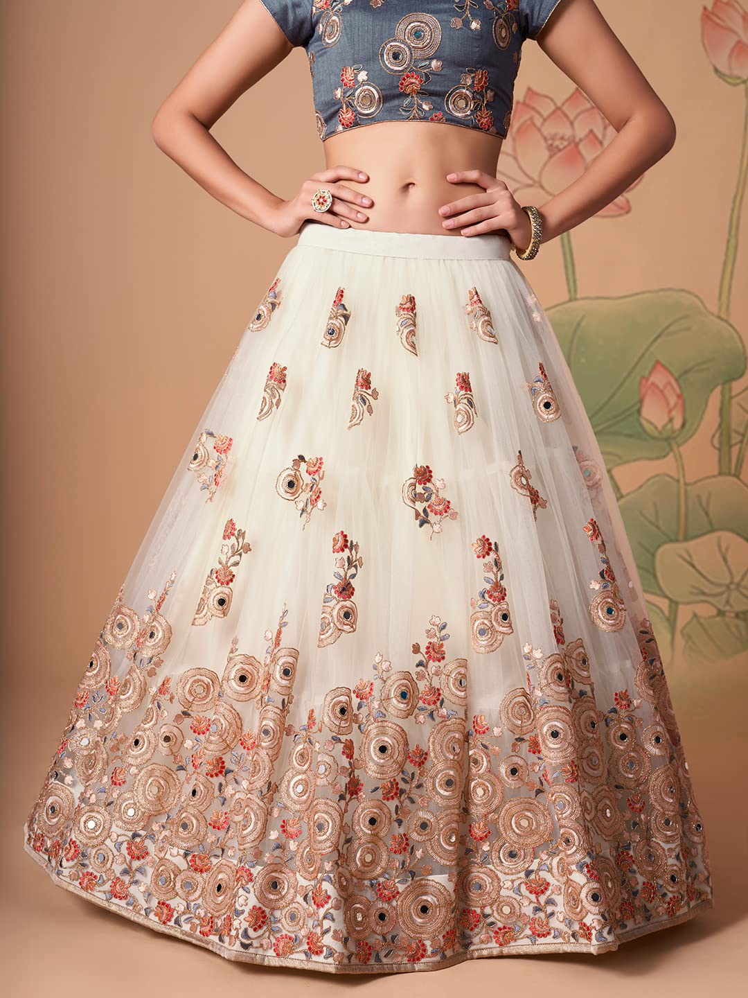 Zeel Clothing Women's Net Embroidered Semi-Stitched Bridal New Lehenga Choli with Dupatta (7322-OffWhite-Wedding-Bridal-Latest; Free Size) (Off-White)