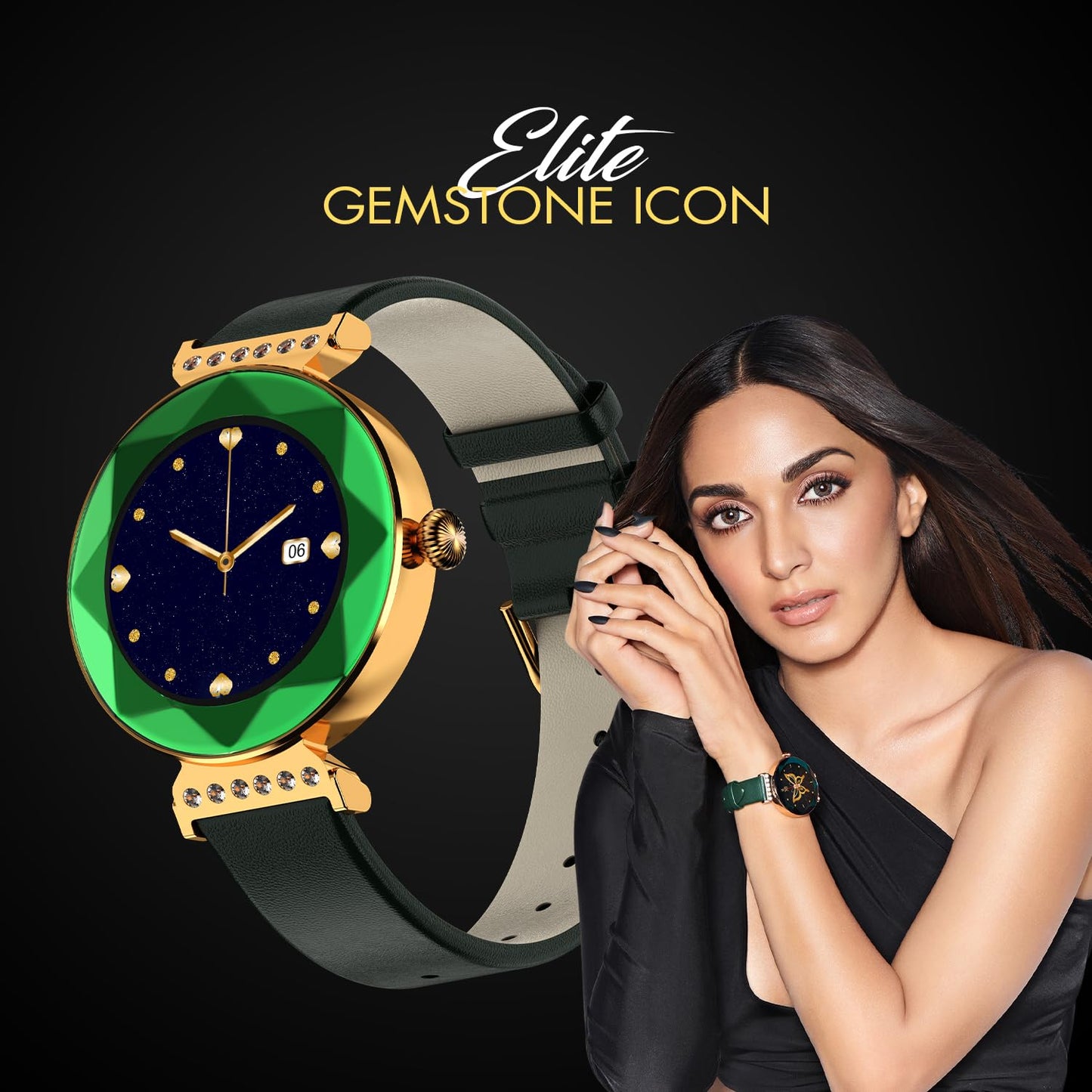 Fire-Boltt Emerald Gemstone-Studded Diamond Cut Smart Watch with 1.09” HD Display, Multiple Sports Modes, Health Suite, Wireless Charging, IP68 with Additional Stainless Steel Strap (Green)