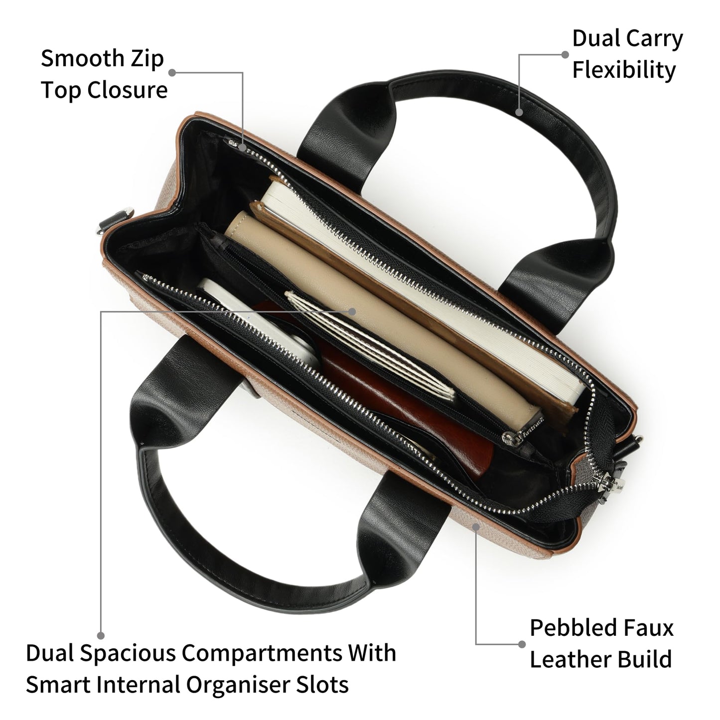 Fastrack Midnight Mocha Satchel | Women’s Pebbled Faux-Leather Satchel | Dual Compartments, Centre Zip Divider & dual carry option