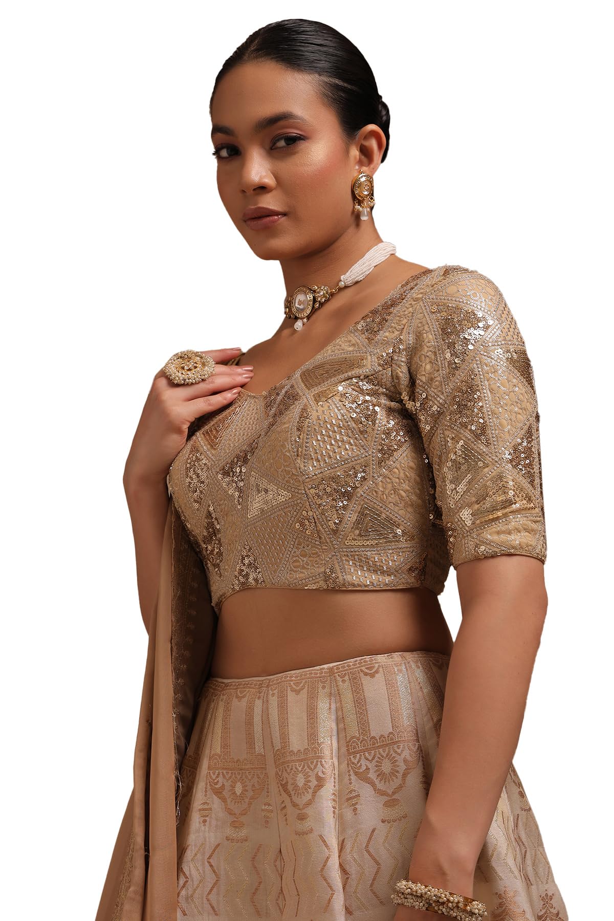 Soch Women's Georgette Embellished Short Sleeves Regular Fit Blouse (BLHSSEQ00727_Beige 38)