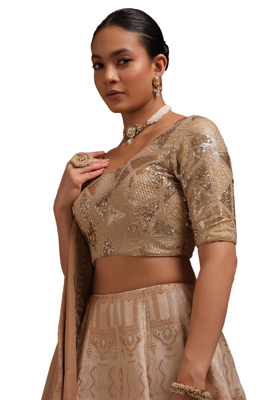 Soch Women's Georgette Embellished Short Sleeves Regular Fit Blouse (BLHSSEQ00727_Beige 38)